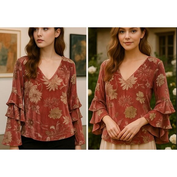 Miss Me Womens Floral Velvet Ruffle Sleeve Top S Cottagecore Boho Whimsygoth - Picture 1 of 12